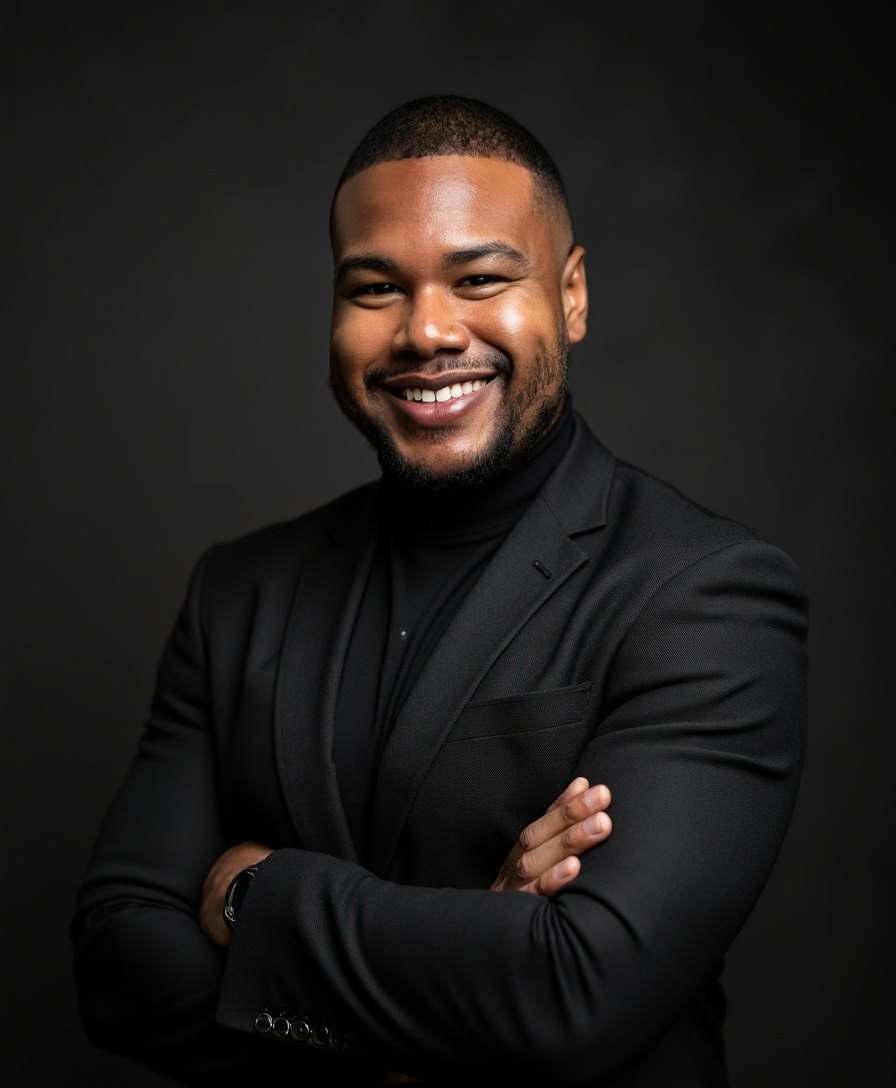 James Earl Hollywood III, smiling, arms crossed, in a black suit and turtleneck